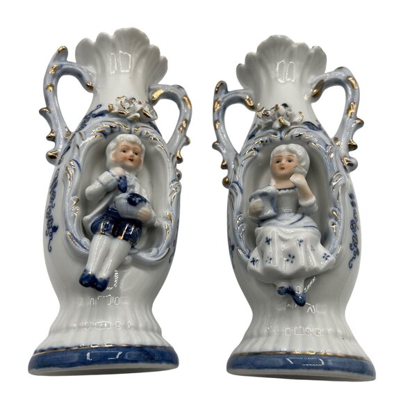 Vintage 1960s Norleans 2 Victorian Style Porcelain Figurine Vases Made In Japan - Picture 5 of 15